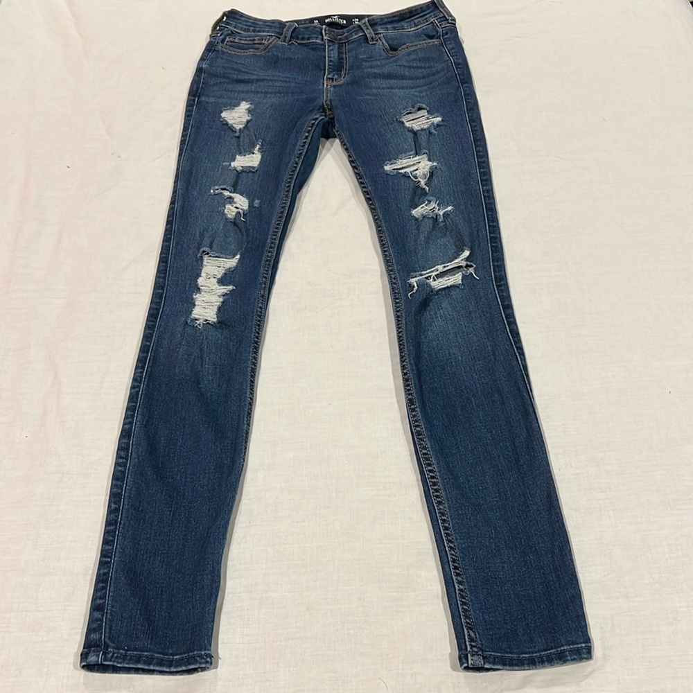 hollister mid-rise super skinny jeans ripped dark wash cotton classic stretch 3R